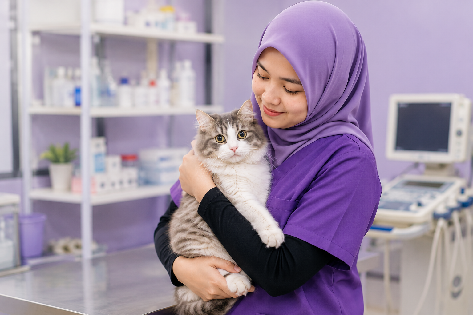 Petugas veterinar DrVET memakai scrub suit ungu dan bertudung sambil memegang kucing